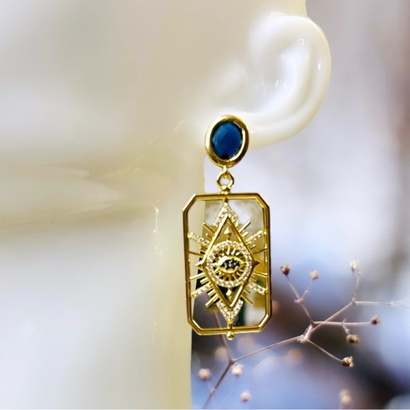 Abigail Creations Gold Plated CZ Rectangle Evil Eye 🧿 Drop Earrings - Picture 2 of 7